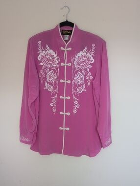 Bob Mackie 100%Silk Pink Embroidered Mandarin-Style Blouse